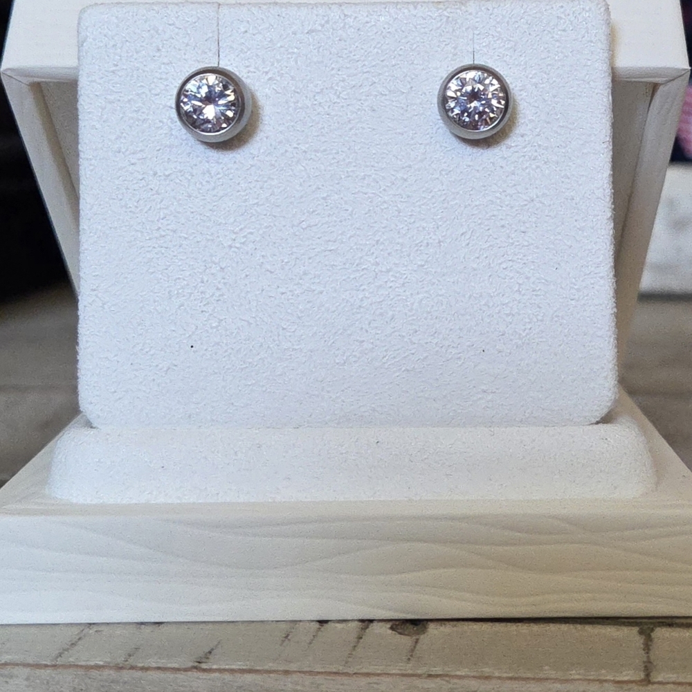Bezel Set Silver Tone Crystal Earrings